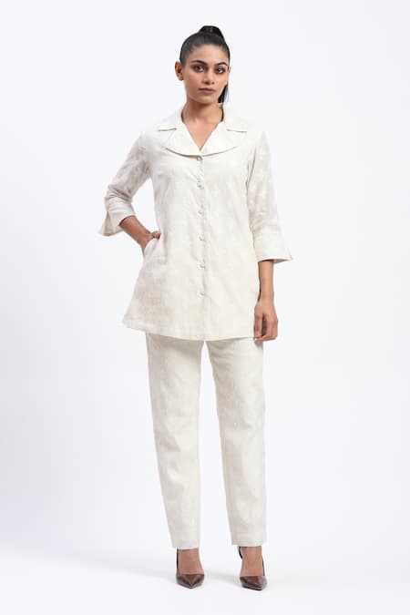 ABRAHAM AND THAKORE Bird Cutwork Chanderi Shirt 