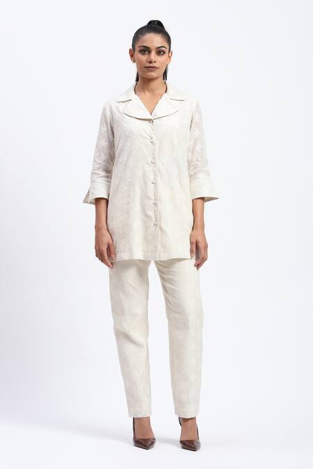 Buy_Abraham And Thakore_White Chanderi Cut Work Collared Bird Shirt _Online_at_Aza_Fashions