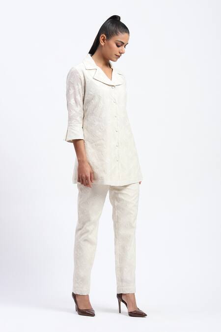 Shop_Abraham And Thakore_White Chanderi Cut Work Collared Bird Shirt _Online_at_Aza_Fashions