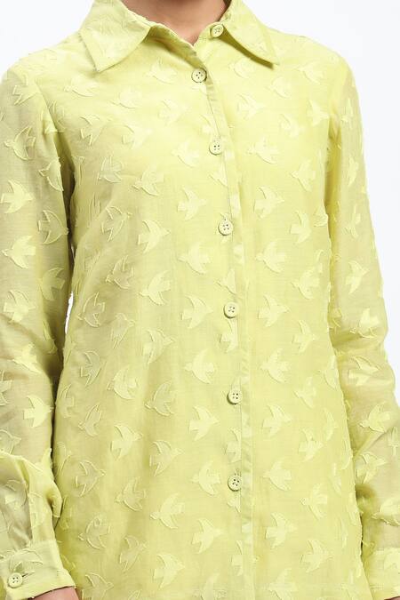 Abraham And Thakore_Green Chanderi Cut Work Collared Bird Shirt _Online_at_Aza_Fashions