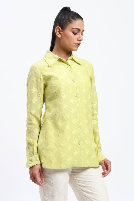 Buy_Abraham And Thakore_Green Chanderi Cut Work Collared Bird Shirt _Online_at_Aza_Fashions