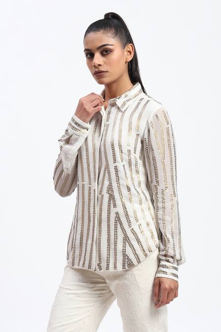 Abraham And Thakore_White Georgette Sequins Collared Broken Stripes Shirt _Online_at_Aza_Fashions
