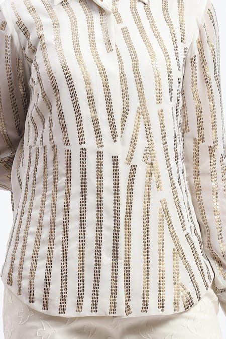 Buy_Abraham And Thakore_White Georgette Sequins Collared Broken Stripes Shirt _Online_at_Aza_Fashions