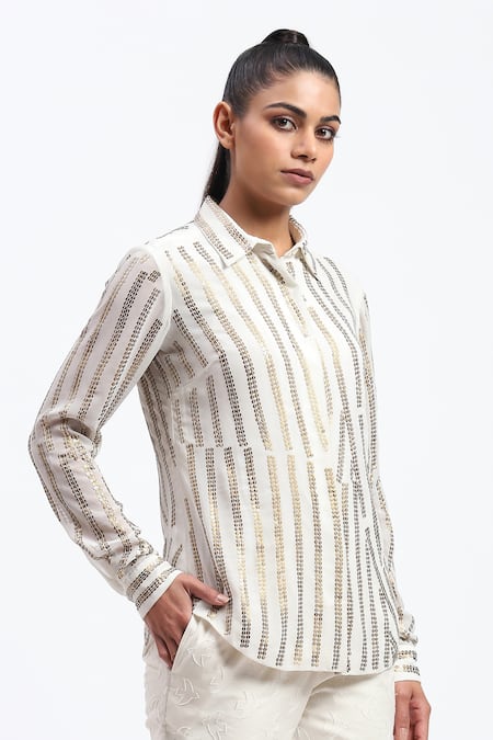 Shop_Abraham And Thakore_White Georgette Sequins Collared Broken Stripes Shirt _Online_at_Aza_Fashions