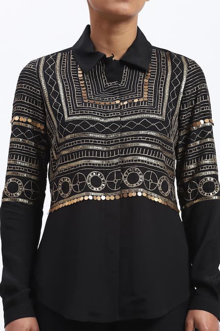 Abraham And Thakore_Black Crepe Zari Collared Tribal Embroidery Shirt _Online_at_Aza_Fashions