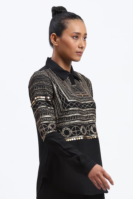 Buy_Abraham And Thakore_Black Crepe Zari Collared Tribal Embroidery Shirt _Online_at_Aza_Fashions