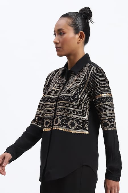 Shop_Abraham And Thakore_Black Crepe Zari Collared Tribal Embroidery Shirt _Online_at_Aza_Fashions