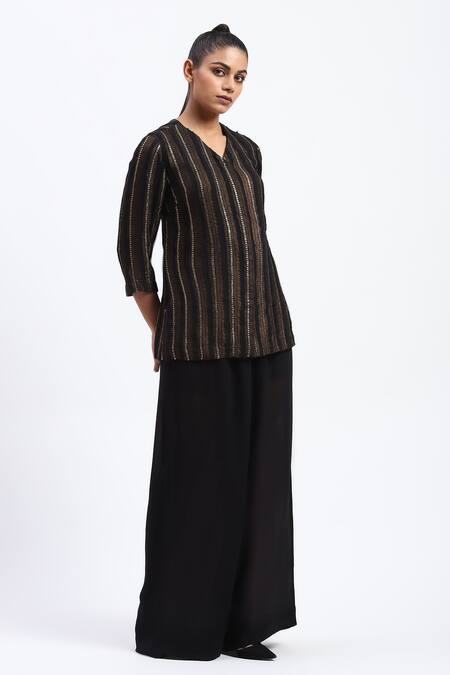 Abraham And Thakore_Gold Georgette Foil Printing V-neck Cutwork Tunic _Online_at_Aza_Fashions