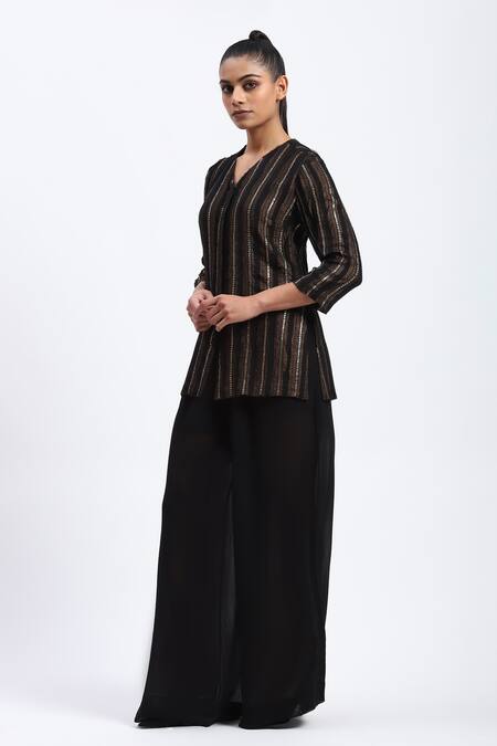 Buy_Abraham And Thakore_Gold Georgette Foil Printing V-neck Cutwork Tunic _Online_at_Aza_Fashions