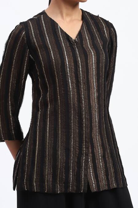 Abraham And Thakore_Gold Georgette Foil Printing V-neck Cutwork Tunic _at_Aza_Fashions