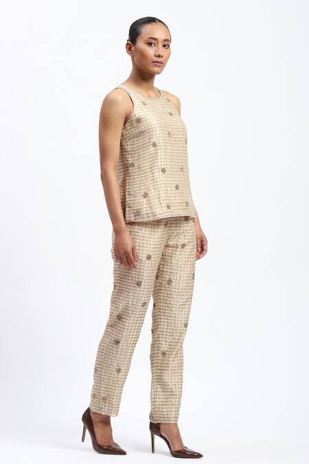 Abraham And Thakore_Gold Chanderi Embroidery Round Neck Maheshwar Top _Online_at_Aza_Fashions