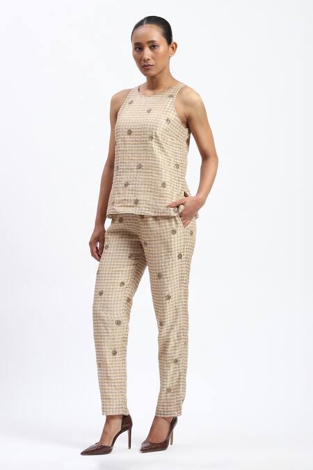 Buy_Abraham And Thakore_Gold Chanderi Embroidery Round Neck Maheshwar Top _Online_at_Aza_Fashions