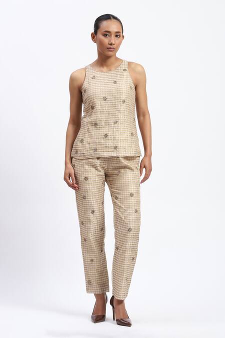 Shop_Abraham And Thakore_Gold Chanderi Embroidery Round Neck Maheshwar Top _Online_at_Aza_Fashions