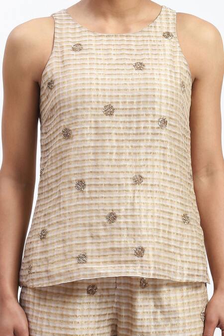 Abraham And Thakore_Gold Chanderi Embroidery Round Neck Maheshwar Top _at_Aza_Fashions