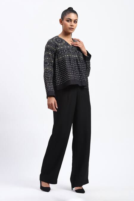Abraham And Thakore_Black Linen V-neck Tribal Print Top _Online_at_Aza_Fashions