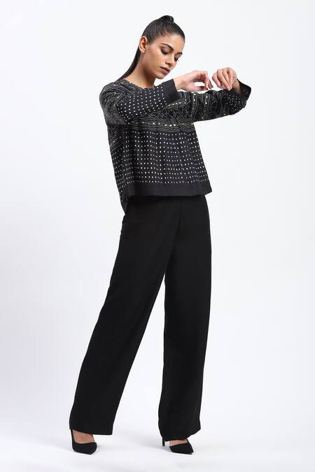 Buy_Abraham And Thakore_Black Linen V-neck Tribal Print Top _Online_at_Aza_Fashions