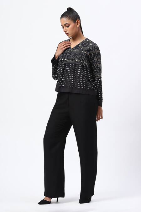 Shop_Abraham And Thakore_Black Linen V-neck Tribal Print Top _Online_at_Aza_Fashions