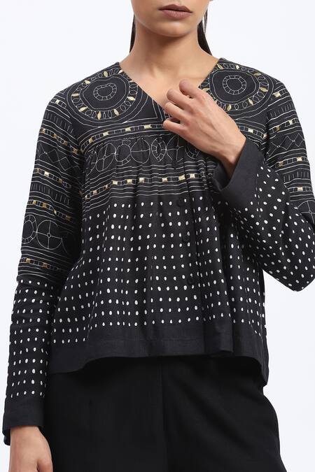 Abraham And Thakore_Black Linen V-neck Tribal Print Top _at_Aza_Fashions