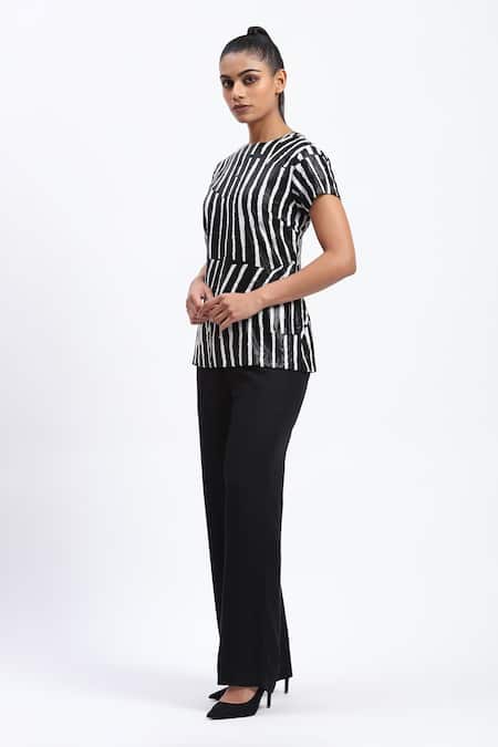 Abraham And Thakore_Black Georgette Round Neck Broken Stripes Top _Online_at_Aza_Fashions