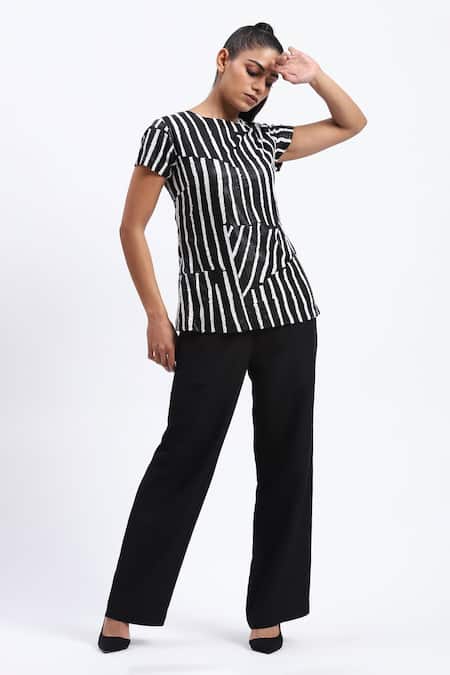 Buy_Abraham And Thakore_Black Georgette Round Neck Broken Stripes Top _Online_at_Aza_Fashions