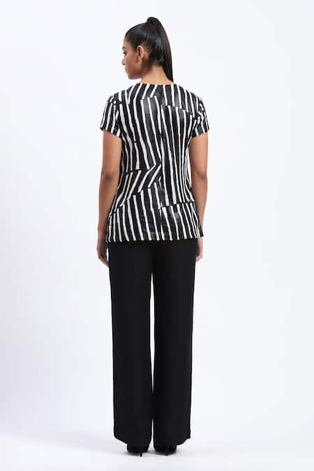 Abraham And Thakore Black Broken Stripes Georgette Top 