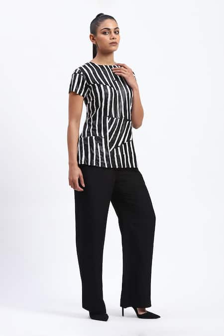 Shop_Abraham And Thakore_Black Georgette Round Neck Broken Stripes Top _Online_at_Aza_Fashions