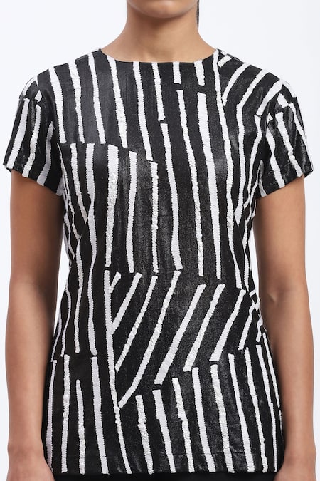 Abraham And Thakore_Black Georgette Round Neck Broken Stripes Top _at_Aza_Fashions