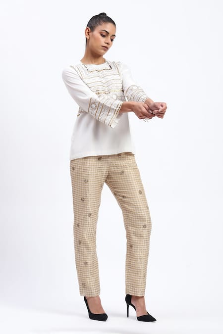 Abraham And Thakore White Crepe Zari Round Neck Tribal Embroidery Top Online at Aza Fashions Abraham And Thakore_White Crepe Zari Round Neck Tribal Embroidery Top_Online_at_Aza_Fashions