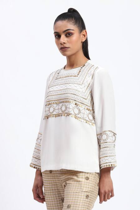 Buy Abraham And Thakore White Crepe Zari Round Neck Tribal Embroidery Top Online at Aza Fashions Buy_Abraham And Thakore_White Crepe Zari Round Neck Tribal Embroidery Top_Online_at_Aza_Fashions
