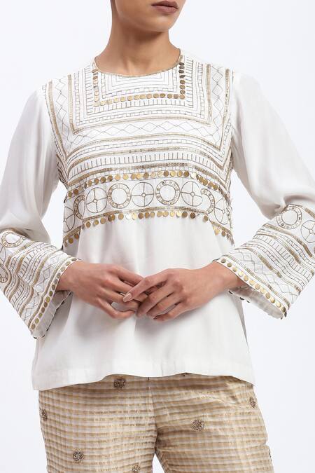 Abraham And Thakore White Crepe Zari Round Neck Tribal Embroidery Top at Aza Fashions Abraham And Thakore_White Crepe Zari Round Neck Tribal Embroidery Top_at_Aza_Fashions