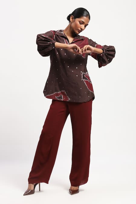 Abraham And Thakore_Burgundy Chanderi Sequins Collared Bark Cloth Ikat Shirt _Online_at_Aza_Fashions