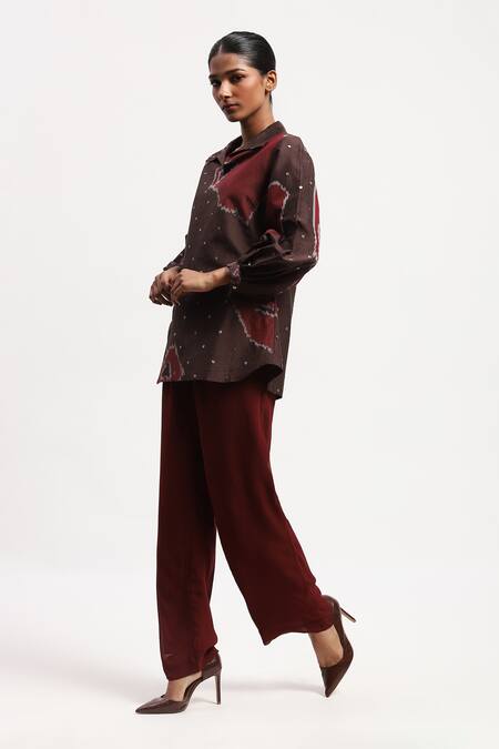 Buy_Abraham And Thakore_Burgundy Chanderi Sequins Collared Bark Cloth Ikat Shirt _Online_at_Aza_Fashions