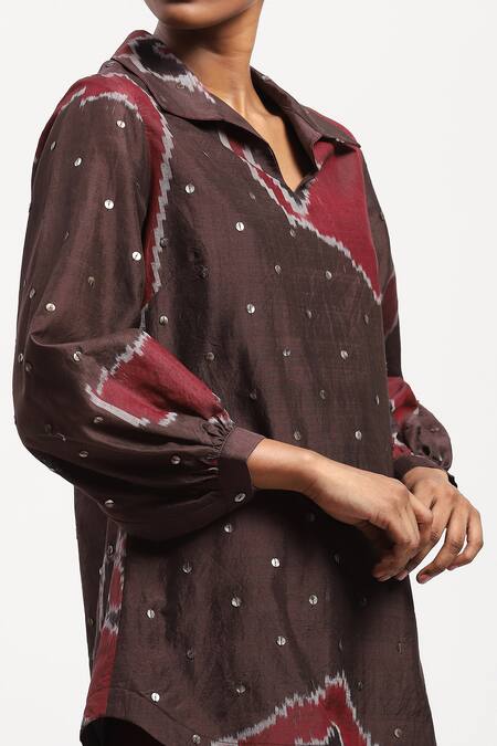 Abraham And Thakore_Burgundy Chanderi Sequins Collared Bark Cloth Ikat Shirt _at_Aza_Fashions
