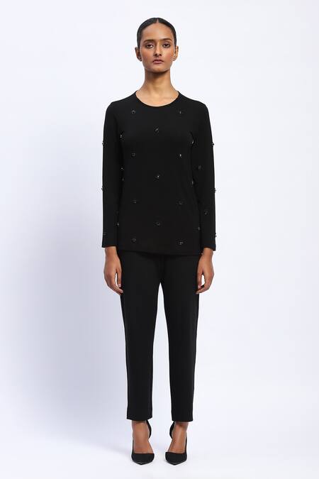 Abraham And Thakore_Black Viscose Stones Round Neck Embellished Top _Online_at_Aza_Fashions