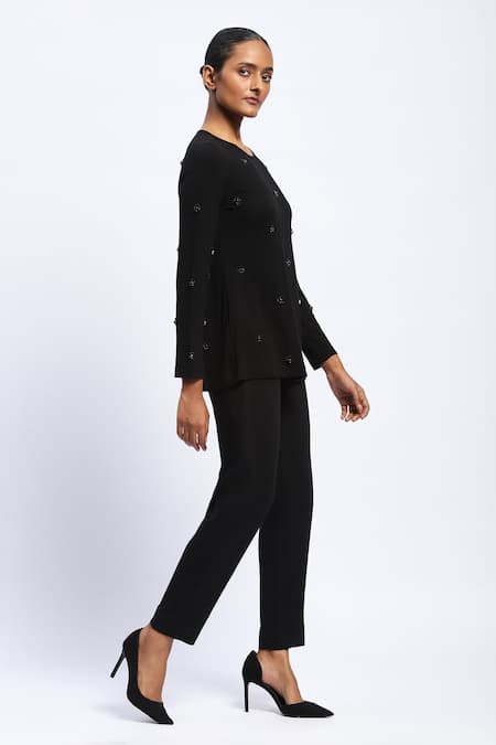 Buy_Abraham And Thakore_Black Viscose Stones Round Neck Embellished Top _Online_at_Aza_Fashions