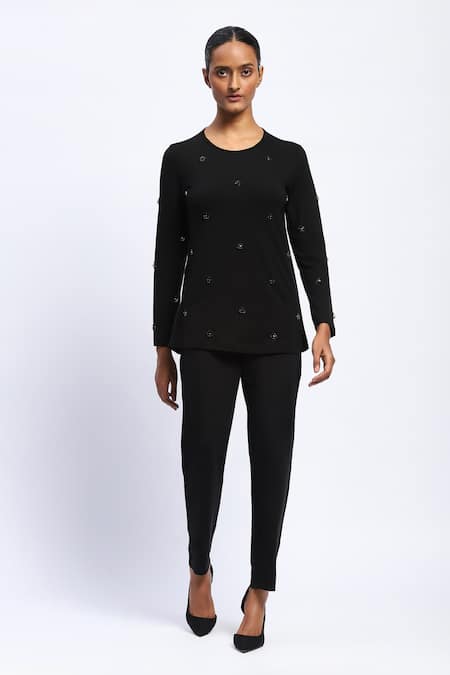 Shop_Abraham And Thakore_Black Viscose Stones Round Neck Embellished Top _Online_at_Aza_Fashions