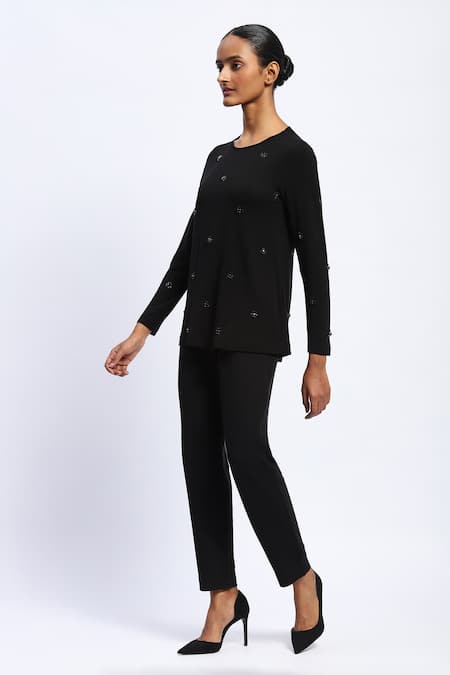 Abraham And Thakore_Black Viscose Stones Round Neck Embellished Top _at_Aza_Fashions