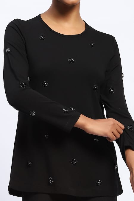 Buy_Abraham And Thakore_Black Viscose Stones Round Neck Embellished Top 