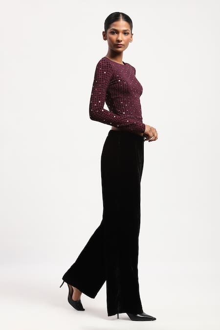 Abraham And Thakore_Purple Viscose Sequins Round Neck Embellished Dot Print Top _Online_at_Aza_Fashions