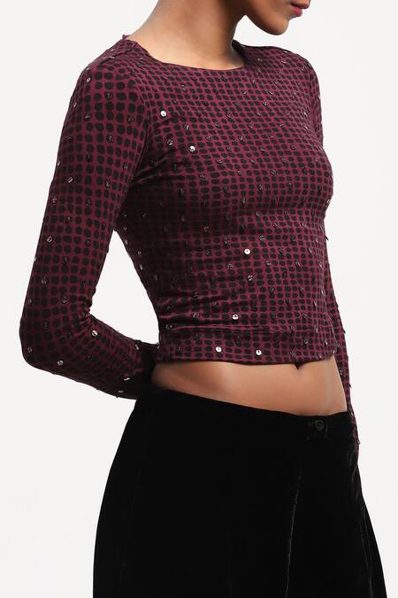 Buy_Abraham And Thakore_Purple Viscose Sequins Round Neck Embellished Dot Print Top _Online_at_Aza_Fashions
