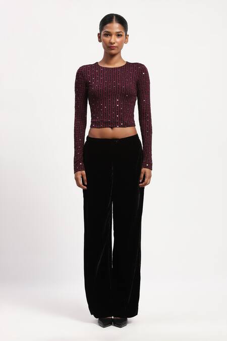 Abraham And Thakore_Purple Viscose Sequins Round Neck Embellished Dot Print Top _at_Aza_Fashions