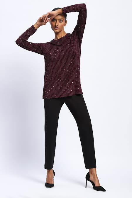ABRAHAM AND THAKORE Embellished Dot Print Purple Top 