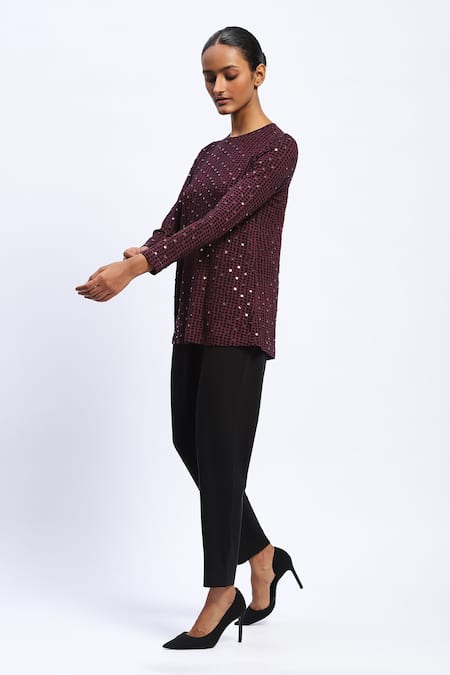 Abraham And Thakore_Purple Viscose Sequins Round Neck Embellished Dot Print Top _Online_at_Aza_Fashions