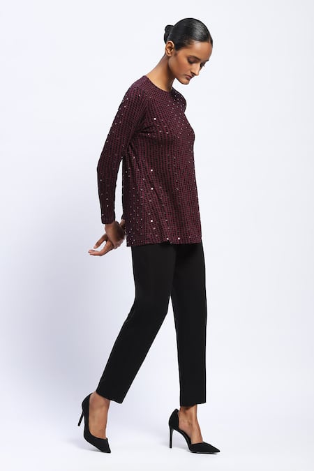 Buy_Abraham And Thakore_Purple Viscose Sequins Round Neck Embellished Dot Print Top _Online_at_Aza_Fashions