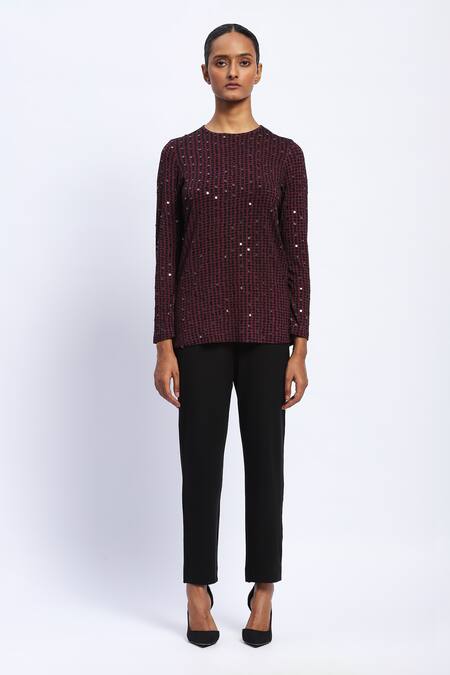 Shop_Abraham And Thakore_Purple Viscose Sequins Round Neck Embellished Dot Print Top _Online_at_Aza_Fashions