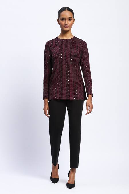 Abraham And Thakore_Purple Viscose Sequins Round Neck Embellished Dot Print Top _at_Aza_Fashions