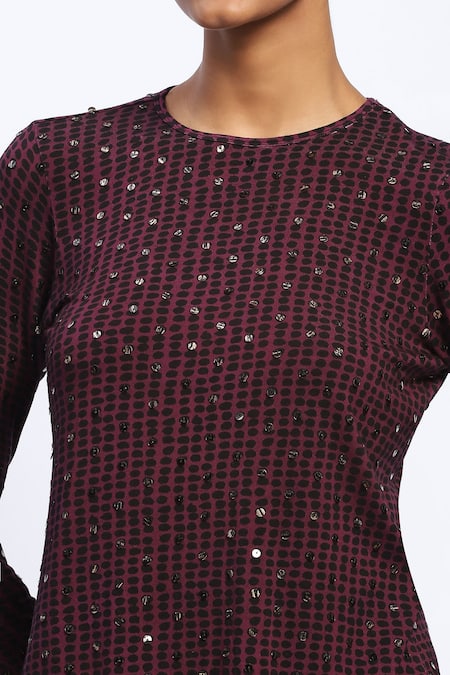 Buy_Abraham And Thakore_Purple Viscose Sequins Round Neck Embellished Dot Print Top 