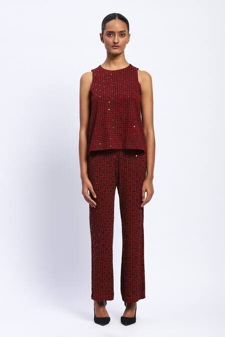 Abraham And Thakore_Burgundy Viscose Round Neck Embellished Dot Print Top _Online_at_Aza_Fashions