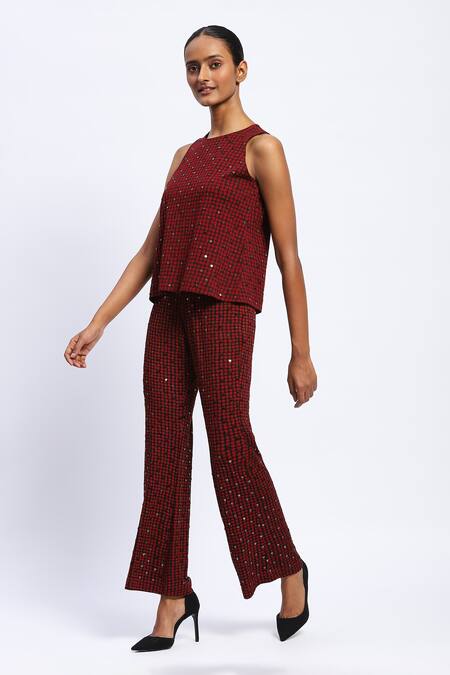 Buy_Abraham And Thakore_Burgundy Viscose Round Neck Embellished Dot Print Top _Online_at_Aza_Fashions