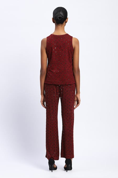 Abraham And Thakore Burgundy Embellished Dot Print Top 